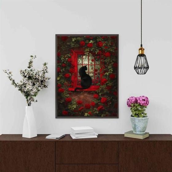 Imagem de Quadro Decorativo Gato Com Rosas Vermelhas 24X18Cm