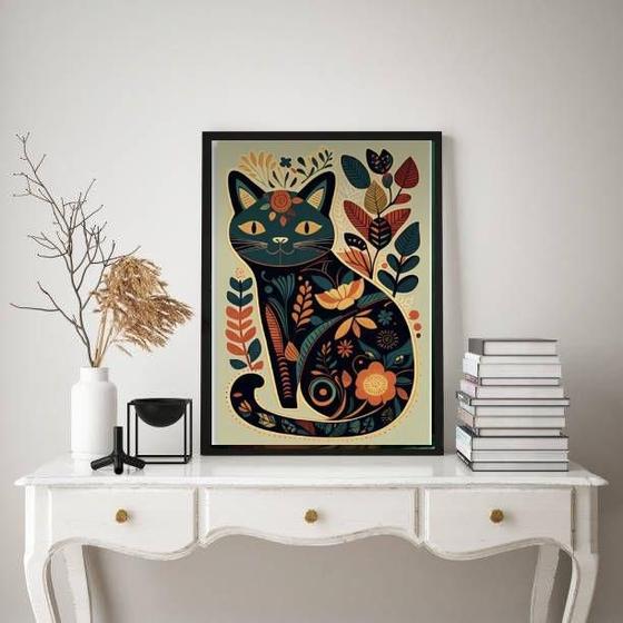 Imagem de Quadro Decorativo Gato Floral 45x34cm - Moldura Branca