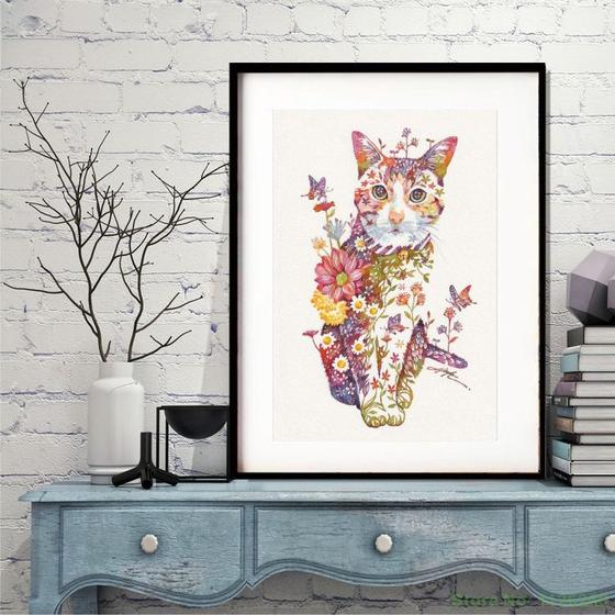 Imagem de Quadro  Decorativo Gato  Floral - 60x48cm