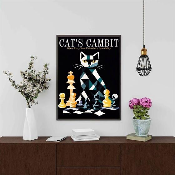 Imagem de Quadro Decorativo Gato - Jogo Xadrez 24x18cm - com vidro