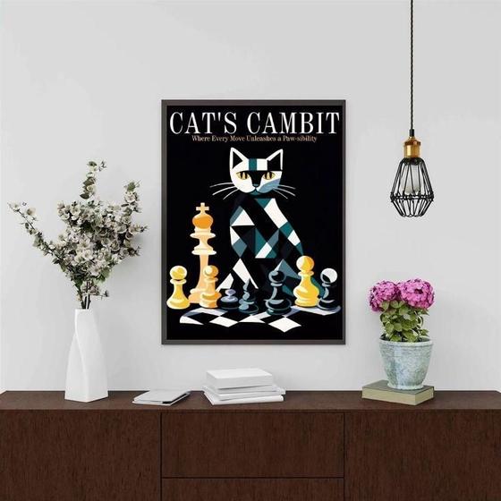 Imagem de Quadro Decorativo Gato - Jogo Xadrez 33X24Cm - Com Vidro