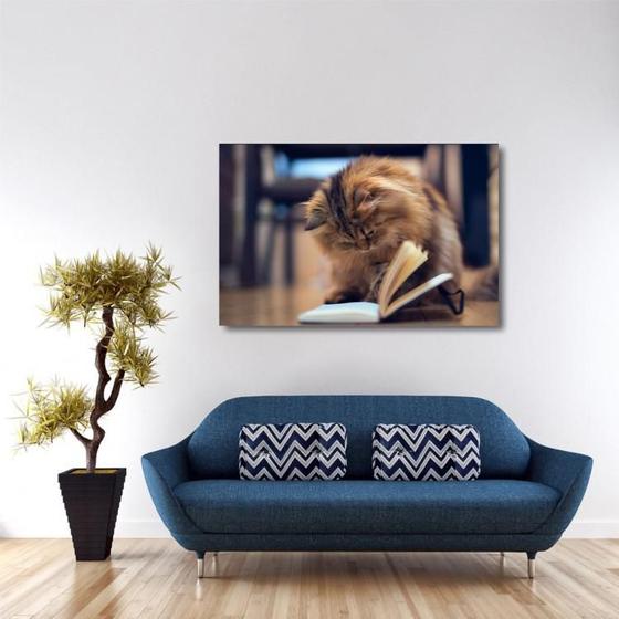 Imagem de Quadro decorativo Gato Lendo Humor Tela de Tecido