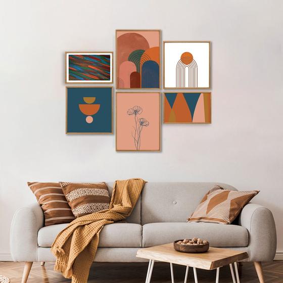 Imagem de Quadro Decorativo Geométrico Com Linhas Arredondadas com 6 telas de Parede para Quarto Sala Escritório