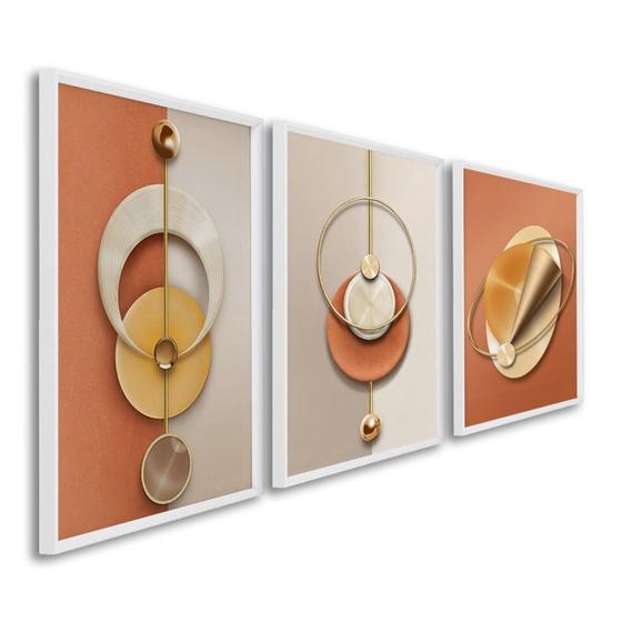 Imagem de Quadro Decorativo Geométrico Laranja com 3 Telas de Parede para Sala Quarto Escritório 60cm X 90cm Branco