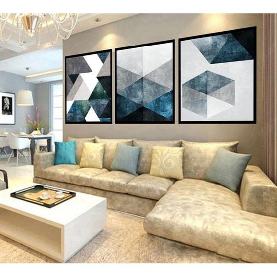 Imagem de Quadro decorativo grande trio 3 peças 60x60 abstrato moderno geométrico tons de azul