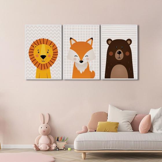 Imagem de Quadro Decorativo Infantil Amigos da Selva com 3 Telas de Parede para Quarto Sala Brinquedoteca 60cm Branco