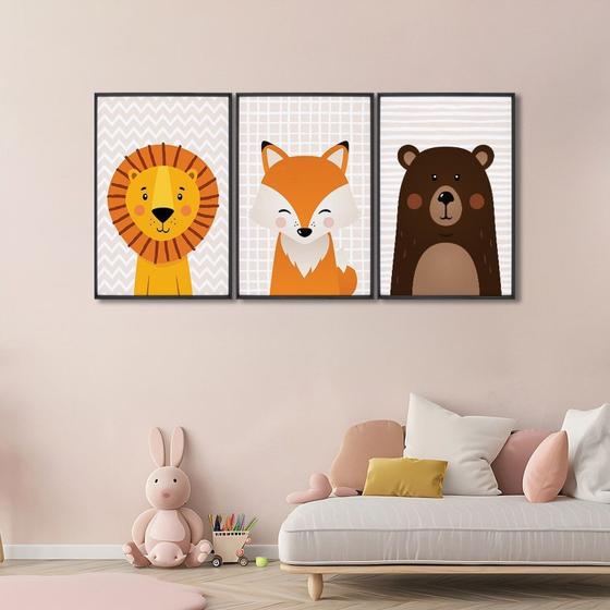 Imagem de Quadro Decorativo Infantil Amigos da Selva com 3 Telas de Parede para Quarto Sala Brinquedoteca 60cm Com Vidro