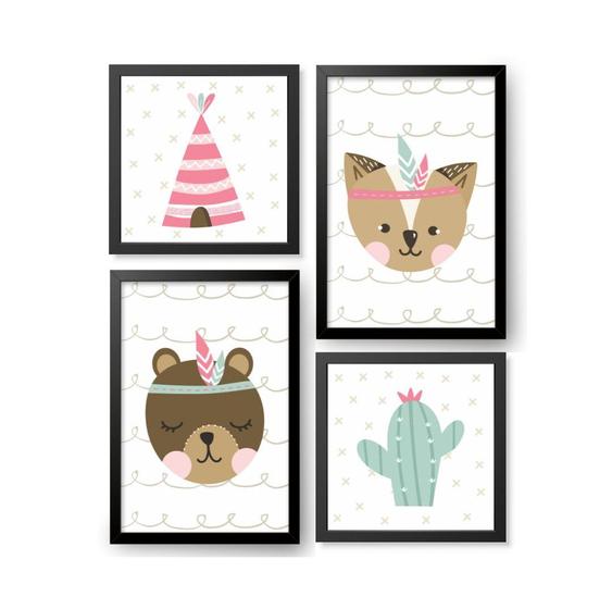 Imagem de Quadro Decorativo Infantil Animais Bosque Menina Tribal Boho