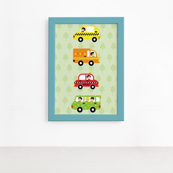 Imagem de Quadro Decorativo Infantil Carrinhos 22x32 Moldura Azul