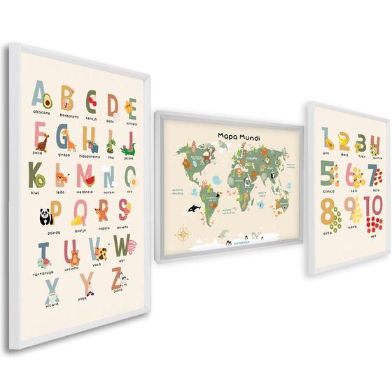 Imagem de Quadro Decorativo Infantil Conjunto Didático Alfabeto e Mapa Mundi com 3 Telas 50x75 ou 60x90 de Parede para Quarto Sala Brinquedoteca