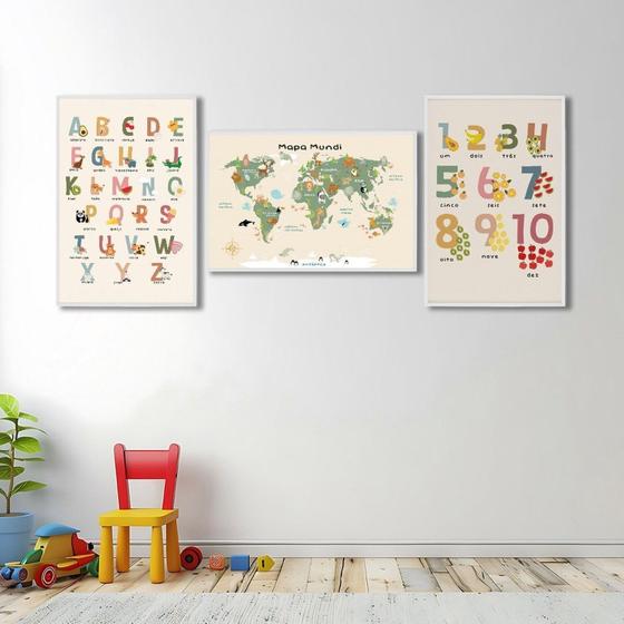 Imagem de Quadro Decorativo Infantil Conjunto Didático Alfabeto e Mapa Mundi com 3 Telas de Parede para Quarto Branco