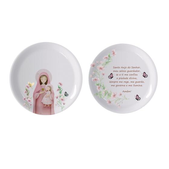 Imagem de Quadro Decorativo Infantil de Porcelana Pintado a Mão Quadro Quarto Bebe - Oração Santo Anjo com Nossa Senhora Rosa