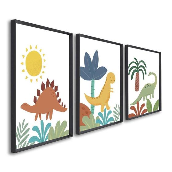 Imagem de Quadro Decorativo Infantil Dinossauros com 3 Telas de Parede para Quarto Sala Brinquedoteca 60cm X 9 Sem Vidro