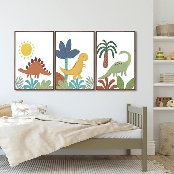 Imagem de Quadro Decorativo Infantil Dinossauros com 3 Telas de Parede para Quarto Sala Brinquedoteca 60cm X 9 Tabaco