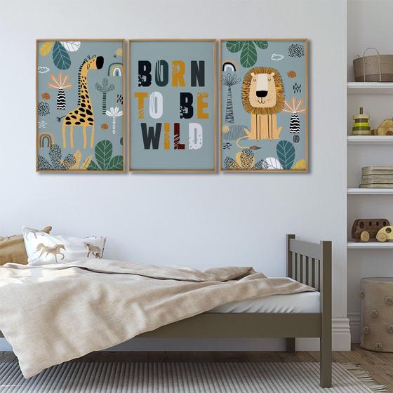 Imagem de Quadro Decorativo Infantil Pequenos Selvagens com 3 Telas 50x75 ou 60x90 de Parede para Quarto Sala Brinquedoteca