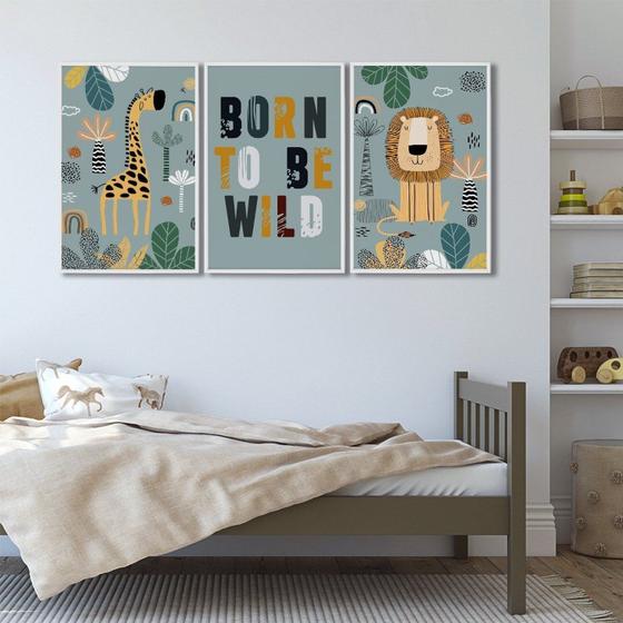 Imagem de Quadro Decorativo Infantil Pequenos Selvagens com 3 Telas de Parede para Quarto Sala Brinquedoteca 6 Branco