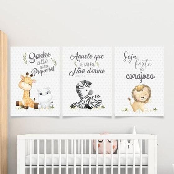 Imagem de Quadro Decorativo Infantil Safari Animais Fofo Kit 3 peças Quarto Bebê 40x60cm