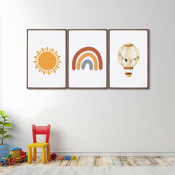 Imagem de Quadro Decorativo Infantil Sol Balão e Arco Íris com 3 Telas Cm de Parede para Quarto Sala Brinquedo Tabaco