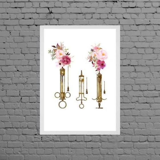 Imagem de Quadro Decorativo Injeções Com Flores 33X24Cm Moldura Preta