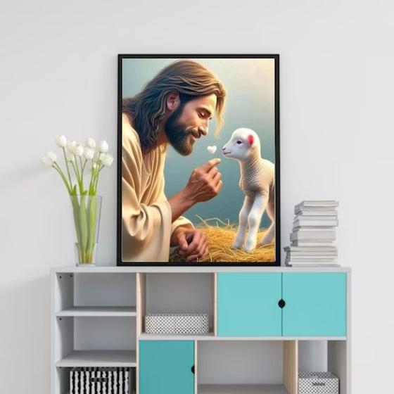 Imagem de Quadro Decorativo Jesus Com Cordeirinho 24x18cm - com vidro