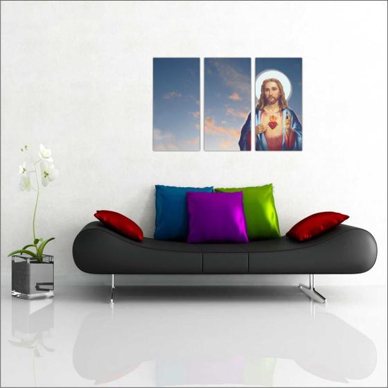 Imagem de Quadro Decorativo Jesus Cristo A Sagrado Coração Decorações Com 3 peças Com Moldura