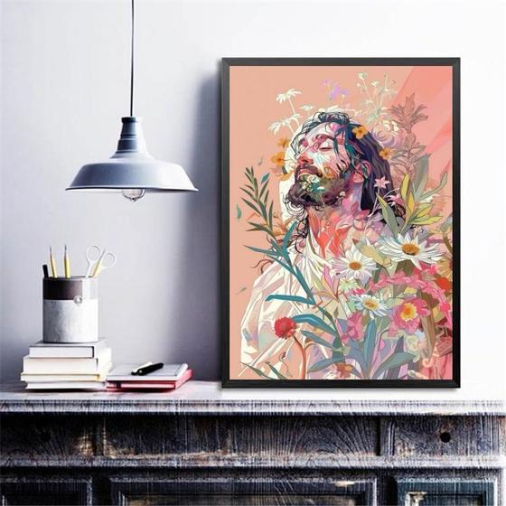 Imagem de Quadro Decorativo Jesus Cristo Floral 45x34cm - com vidro