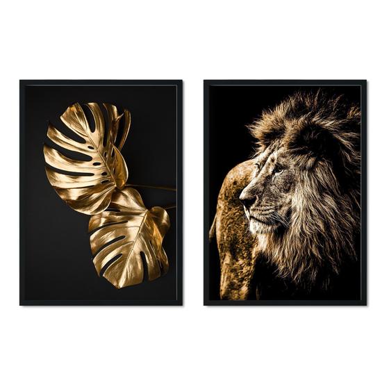 Imagem de Quadro Decorativo Kit 02 Leão Costela de Adão Dourado Sala Quarto Escritório 71X43