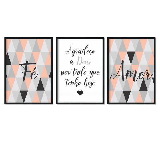 Imagem de Quadro Decorativo Kit C/3 Fé e Amor Agradecer Sala Quarto Escritório 109x43