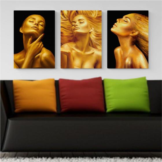 Imagem de Quadro Decorativo Laminado Mulher Dourada Kit 3 Peças