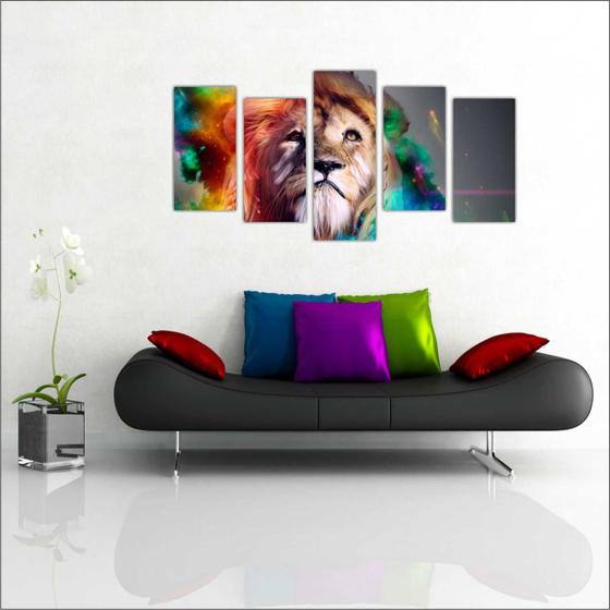 Imagem de Quadro Decorativo Leão Abstrato Animais Colorido Decorações Salas 5 peças Moldura