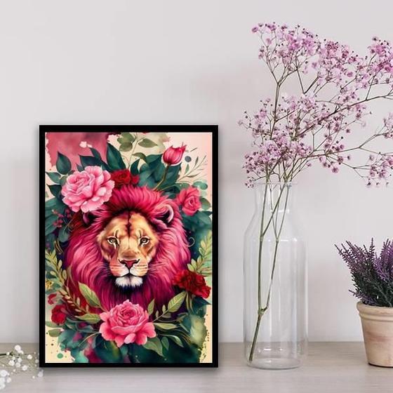 Imagem de Quadro Decorativo Leão Com Rosas 24X18Cm Preta