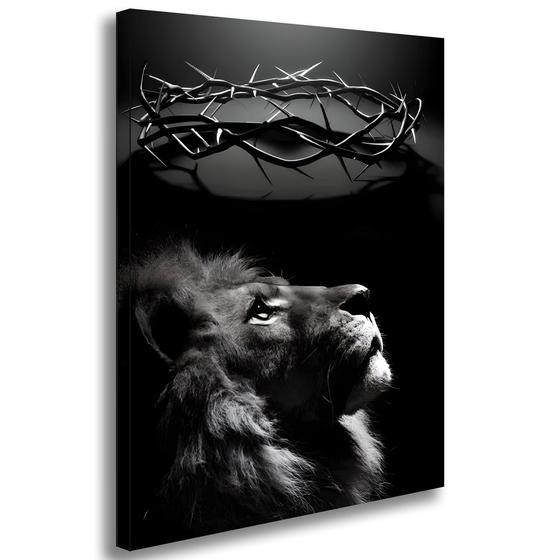 Imagem de Quadro Decorativo Leão Judá Coroa De Cristo Religioso Tela Grande Sala Quarto Escritório 60x85cm