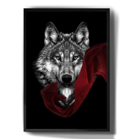 Imagem de Quadro Decorativo Lobo Fundo Preto Faixa Vermelha Art