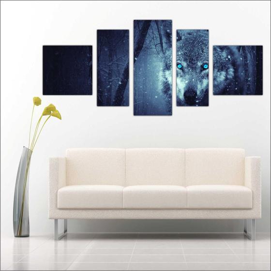 Imagem de Quadro Decorativo Lobo Tons Azuis Decoração Salas