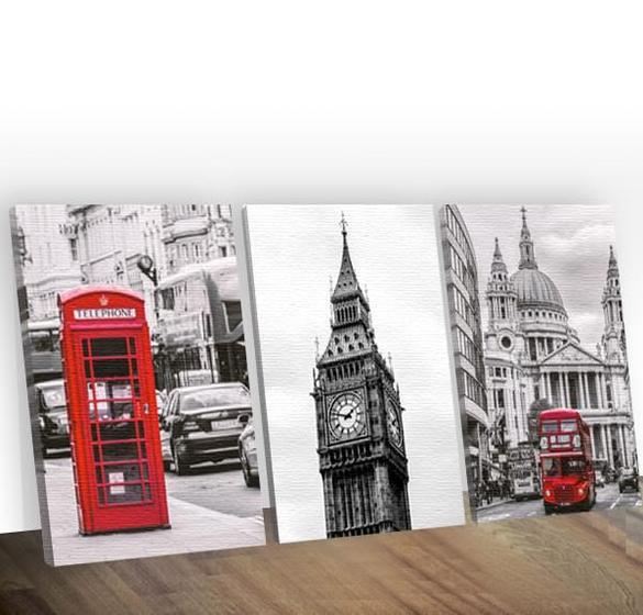 Imagem de Quadro Decorativo Londres Mosaico 3 Peças Destaque Vermelho