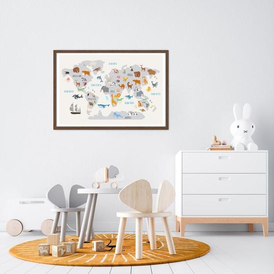Imagem de Quadro Decorativo Mapa Mundi Infantil, Animais Moldura Caixa, Marrom Cafe