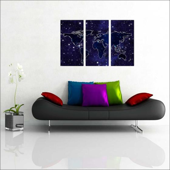 Imagem de Quadro Decorativo Mapa Mundo Estrelas Espaço Salas Quartos Com 3 peças Com Moldura