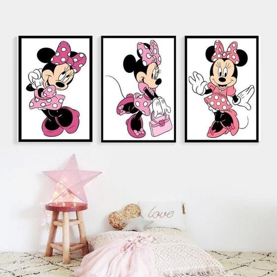 Imagem de Quadro Decorativo Minnie Rosa Infantil Menina Kit 3 peças Mosaico