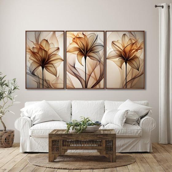 Imagem de Quadro Decorativo Modelo Floral Abstrato 3 Telas de Parede para Sala Quarto Escritório 60cm X 90cm Tabaco