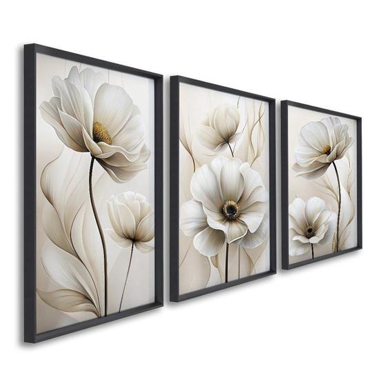 Imagem de Quadro Decorativo Modelo Floral Ii com 3 Telas de Parede para Sala Quarto Escritório 60cm X 90cm Preto