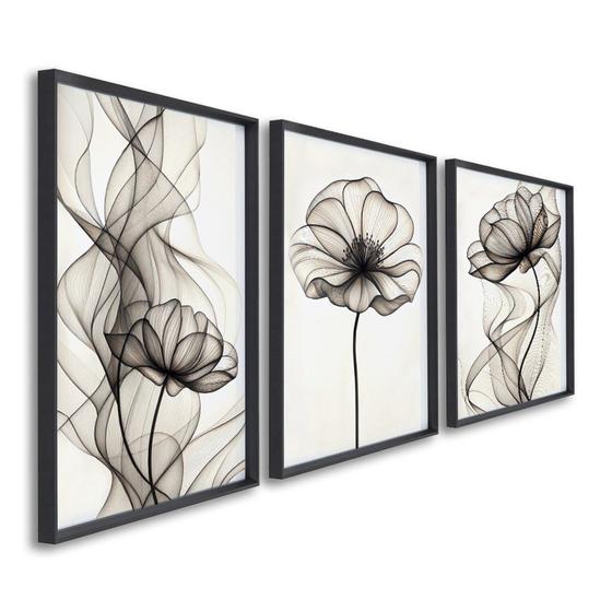 Imagem de Quadro Decorativo Modelo Floral Iii com 3 Telas de Parede para Sala Quarto Escritório 60cm X 90cm Sem Vidro