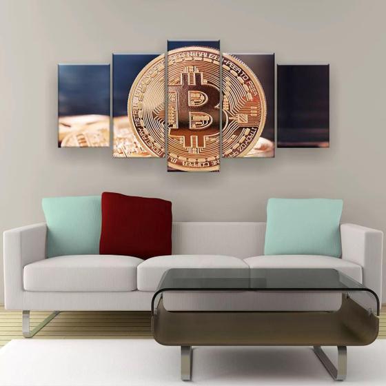 Imagem de Quadro Decorativo Moeda Bitcoin 5pc 129x61