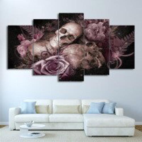 Imagem de Quadro Decorativo Mosaico De 5 Peças Caveiras E Rosas