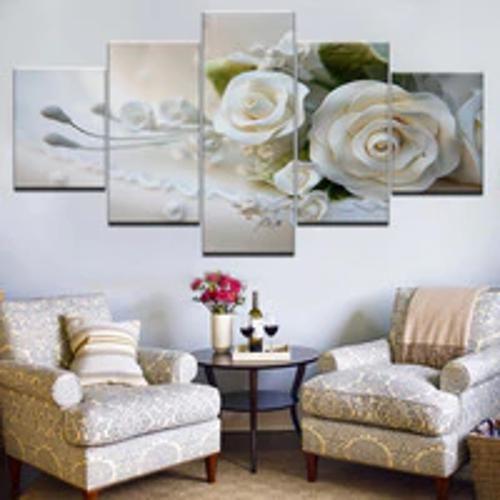 Imagem de Quadro Decorativo Mosaico De 5 Peças Flores Rosas Brancas