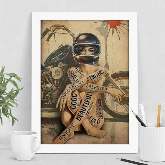 Imagem de Quadro Decorativo Motoqueira Motogirl 45x34cm Madeira Preta