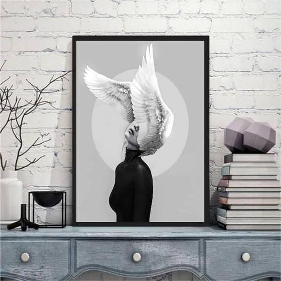 Imagem de Quadro Decorativo Mulher Asas Na Cabeça 33X24 C/Vidro Preta