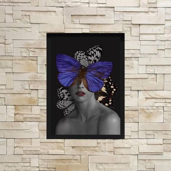 Imagem de Quadro Decorativo Mulher Com Borboleta Azul 24X18Cm Preto