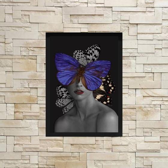 Imagem de Quadro Decorativo Mulher Com Borboleta Azul 45x34cm - com vidro