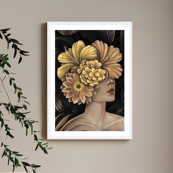 Imagem de Quadro Decorativo Mulher Flor Dourada Moldura Branca