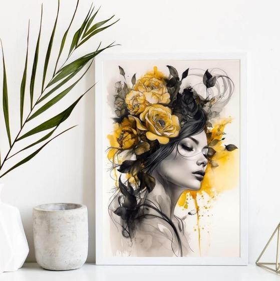 Imagem de Quadro Decorativo Mulher Flores 45x34cm - Vidro e Moldura Preta